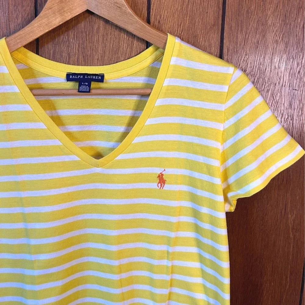Ralph Lauren Womens T Shirt Large Yellow White Striped V Neck Pony Logo - Picture 1 of 6